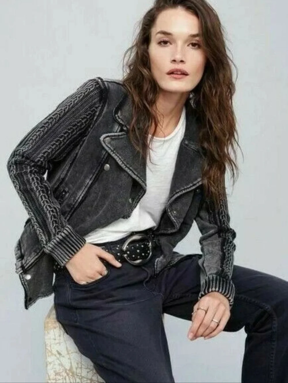 Free People Washed Black Ruffle Knit-Sleeve Moto Jacket Size Small